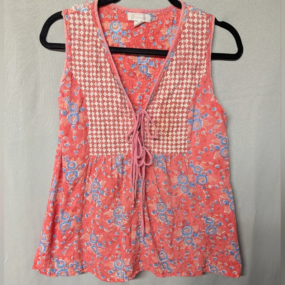 Boho Floral Quilted Embroidered Lace-Up Blouse Tunic - Coral and Blue